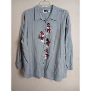 Vintage C.S.T Sport Long Sleeve Shirt 32W Gray Christmas Snowman Embroidered